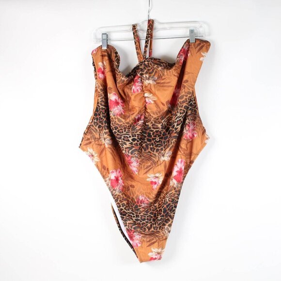 Boohoo Plus Tropical Leopard Bandeau Halter Tie Swimsuit - NWT - Size 24 - Picture 3 of 8